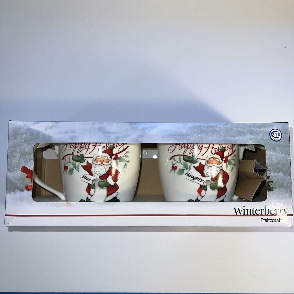 Set of 2 Winterberry Pfaltzgraff Santa Naughty and Nice Christmas Mugs 20 oz